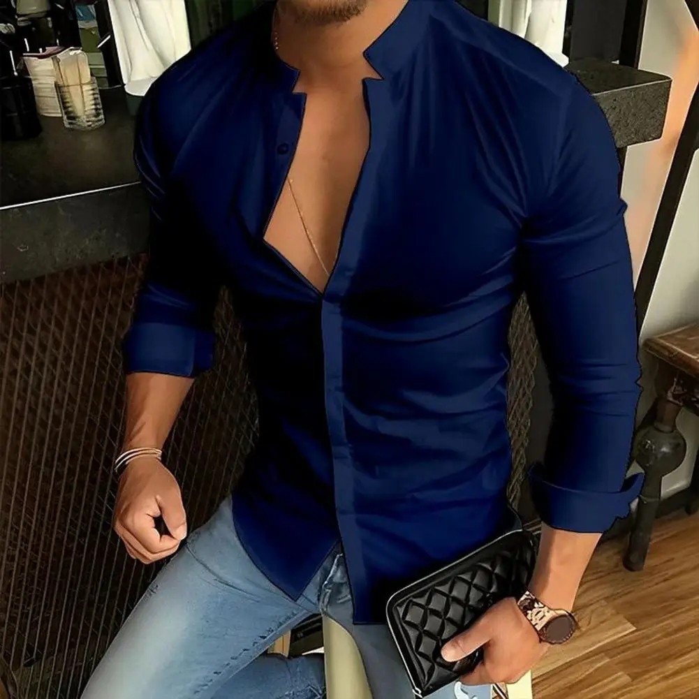 

Men Fall Spring Shirt Stand Collar Slim Fit Single-breasted Solid Color Soft Breathable Smooth Casual Formal Business Office Shi