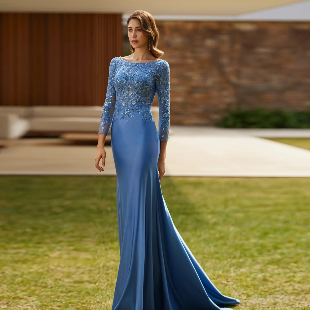 

Classic Mother of the Bride Dresses O Neck Long Sleeves Wedding Party Gowns Applique Backless Floor Length Mermaid فساتين السهرة