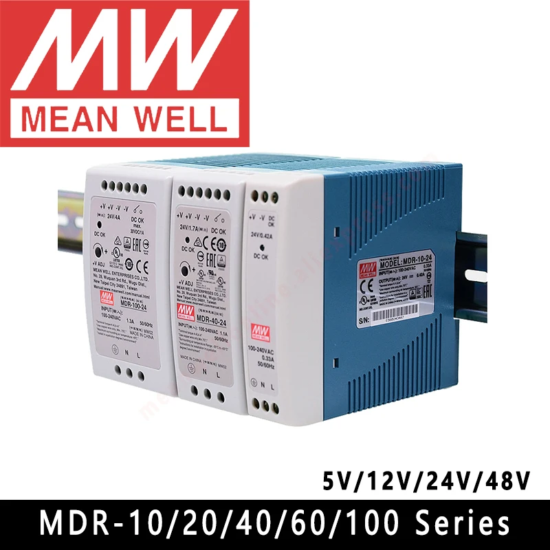 Mean Well 단일 출력 산업용 DIN 레일 전원 공급 장치, 오리지널 Mean Well MDR-40-24 DC 24V 1.7A 40.8W