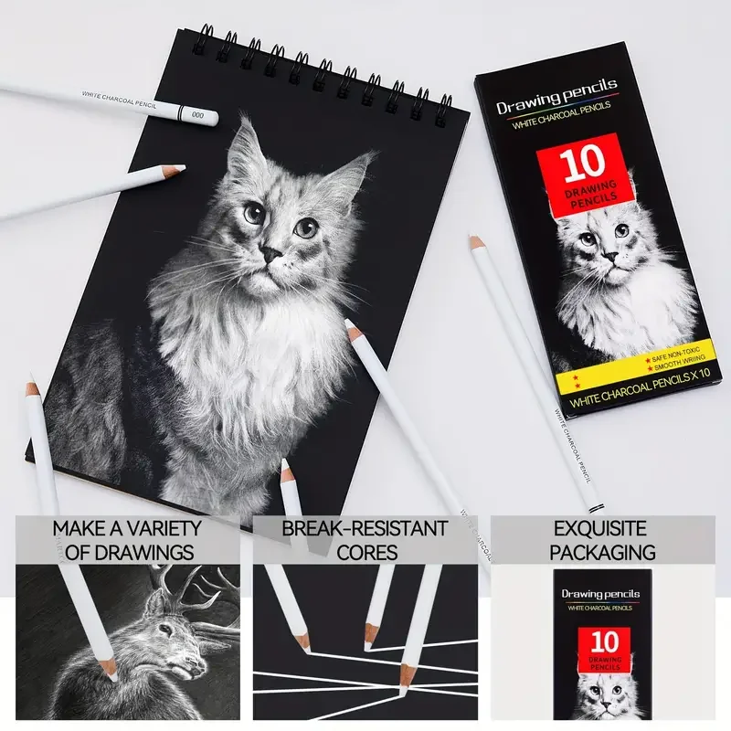 White Charcoal Pencils for Drawing, Professional 10 Pieces White Colored Pencils for Sketching, Shading, Blending, White 6