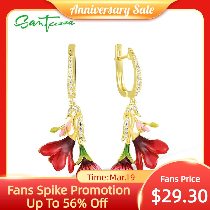 

SANTUZZA 925 Sterling Silver Dangling Earrings For Women Sparkling White Cubic Zirconia Red Flower Fine Chic Jewelry Enamel