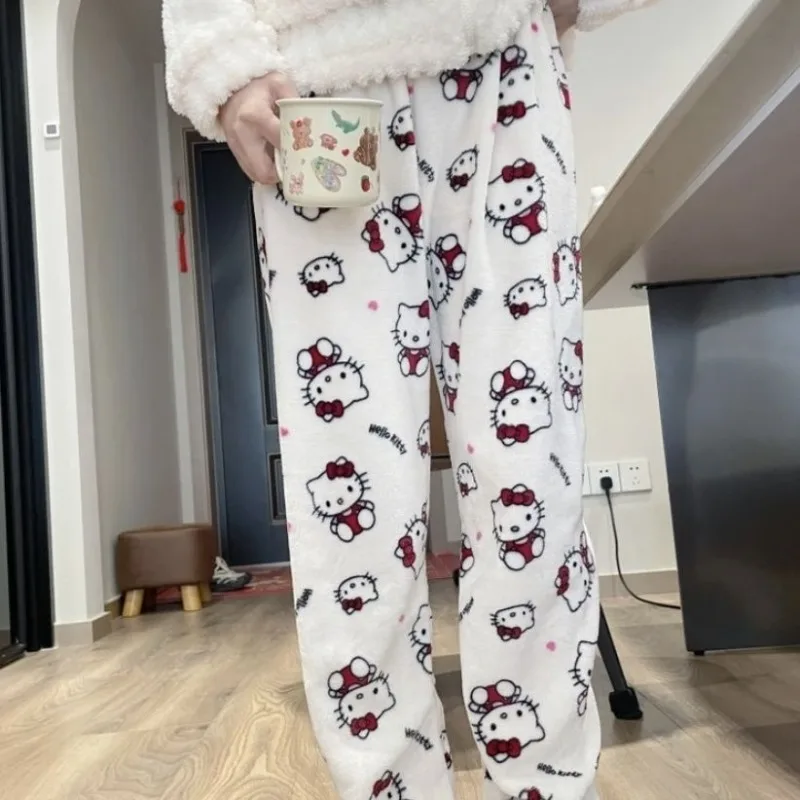 

Sanrio Anime Peripheral Products Pajama Hello Kitty Cartoon Pattern Winter Plush Warm Home Casual Straight Leg Pants Girls Gifts