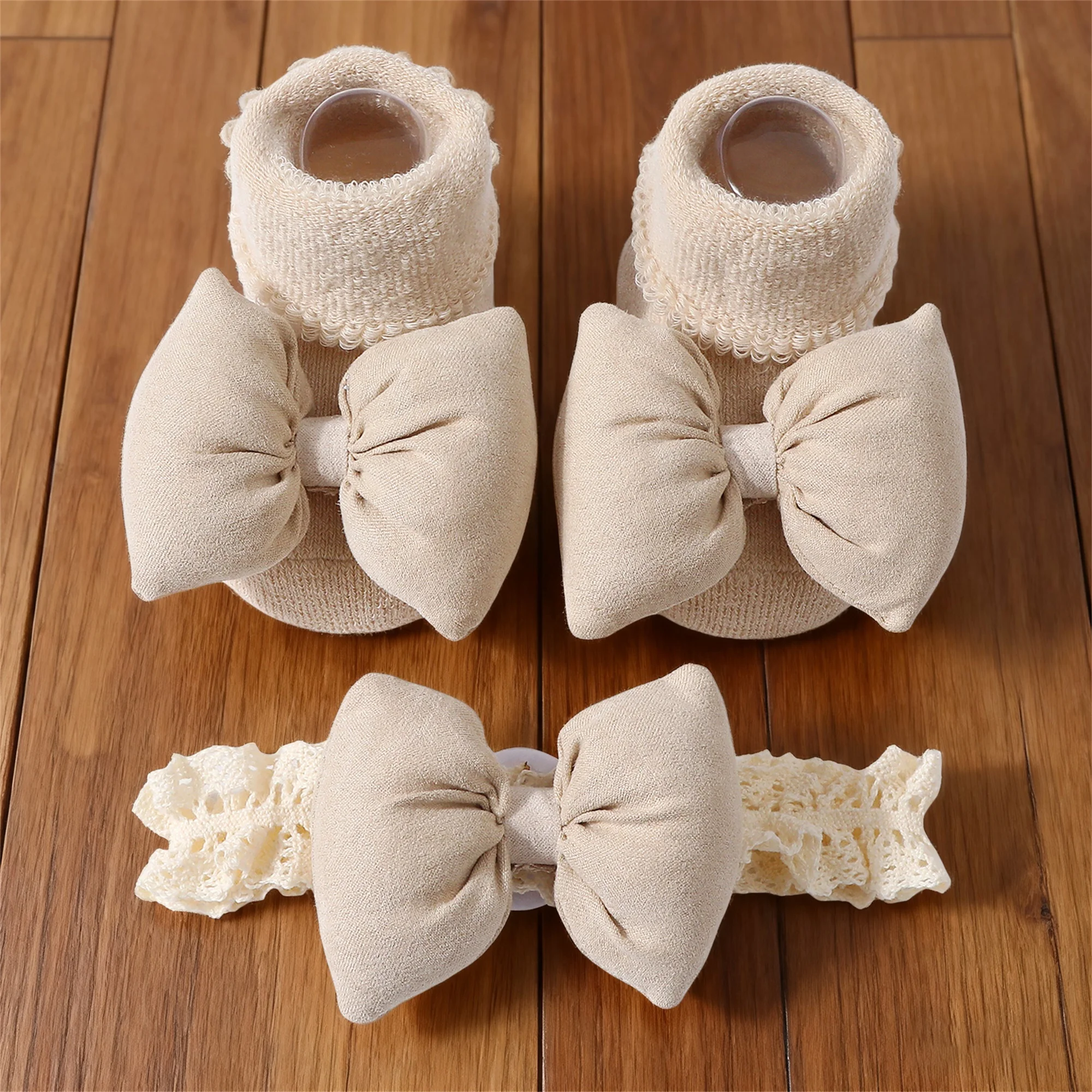 Adorable Baby Girl Socks with Non-Slip Grippers and Matching Headband Set - Soft Cotton Ruffled Bow Design for Indoor Play