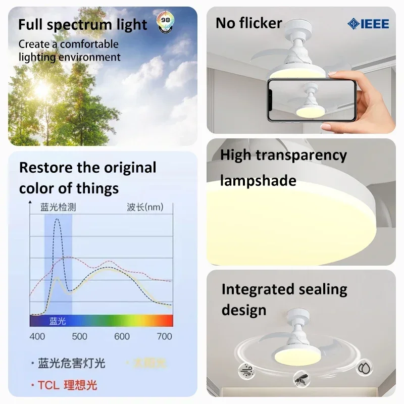 Ceiling Fan Light Retractable Blades Fans Timing Dimmable Lights APP and Remote Control Modern and Simple for Bedroom Lighting