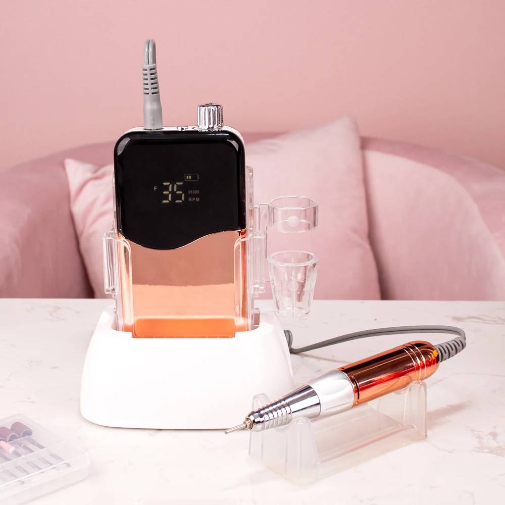 Metallic Gold Color 35000 RPM Electric Nail Drill Electric Nail File Machine Nail Drill Bits Cordless Polisher with Desktop Base 4