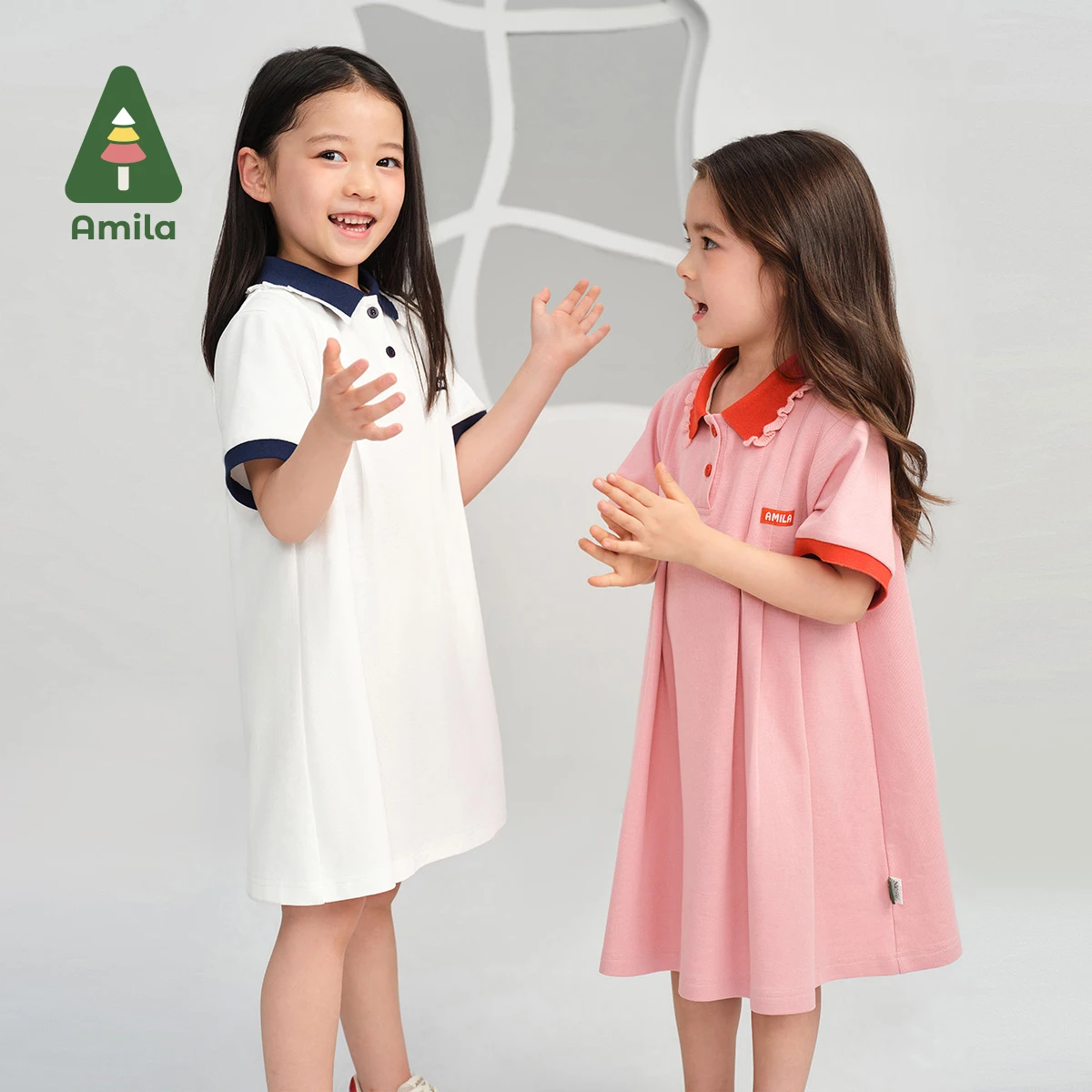 

Amila 2024 летнее Новое Детское платье, однотонное хлопковое модное лоскутное платье-поло контрастных цветов для девочек, детская одежда