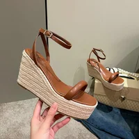 2025 Summer New Buckle Square Head Hemp Wedge Sandals Thin Belt Braided Platform High Heel Shoes For Women - Image 2
