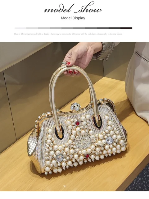 Luxury Fashion Brand Pearl Women's Handbag 2023 New Leather Diamond  Shoudler Crossbody Evening Bag Portable Rhinestone Lock Bags