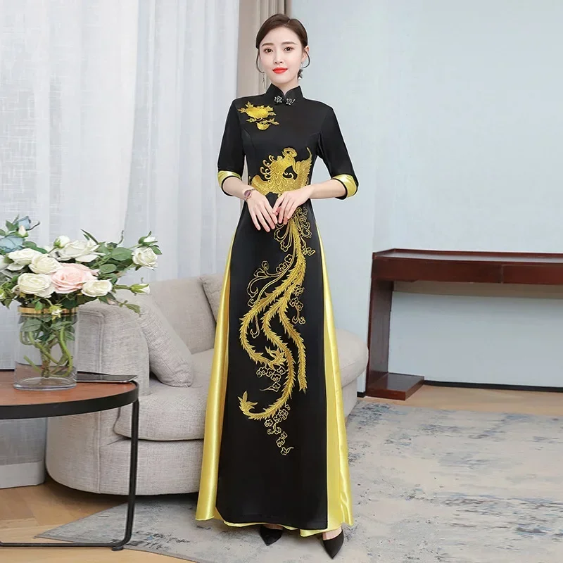 

Chinese Style Black Cheongsam Robe Harajuku Dragon Embroidery Dress Vintage China Traditional Qipao Long Oriental Ao Dai Dresses
