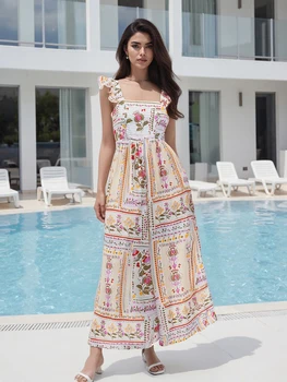 Elegant Vintage Style Sleeveless Floral Print Square Neck Midi Dress with Adjustable Straps for Women s Summer Fashion 4