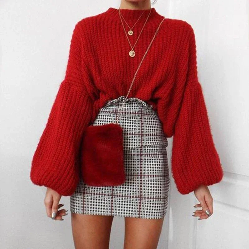 

Women's Pullover Autumn Winter Thickened Warm Sweater Women Elegant Fashion Long-sleeved Lantern Sleeve Retro Knitted Sweater