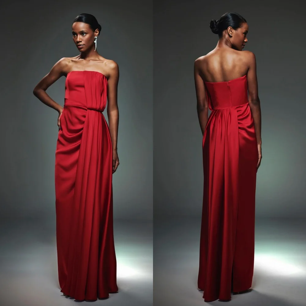 Evening Satin Draped Pleat Formal Evening A-line Strapless Bespoke Occasion Gown Long Dresses