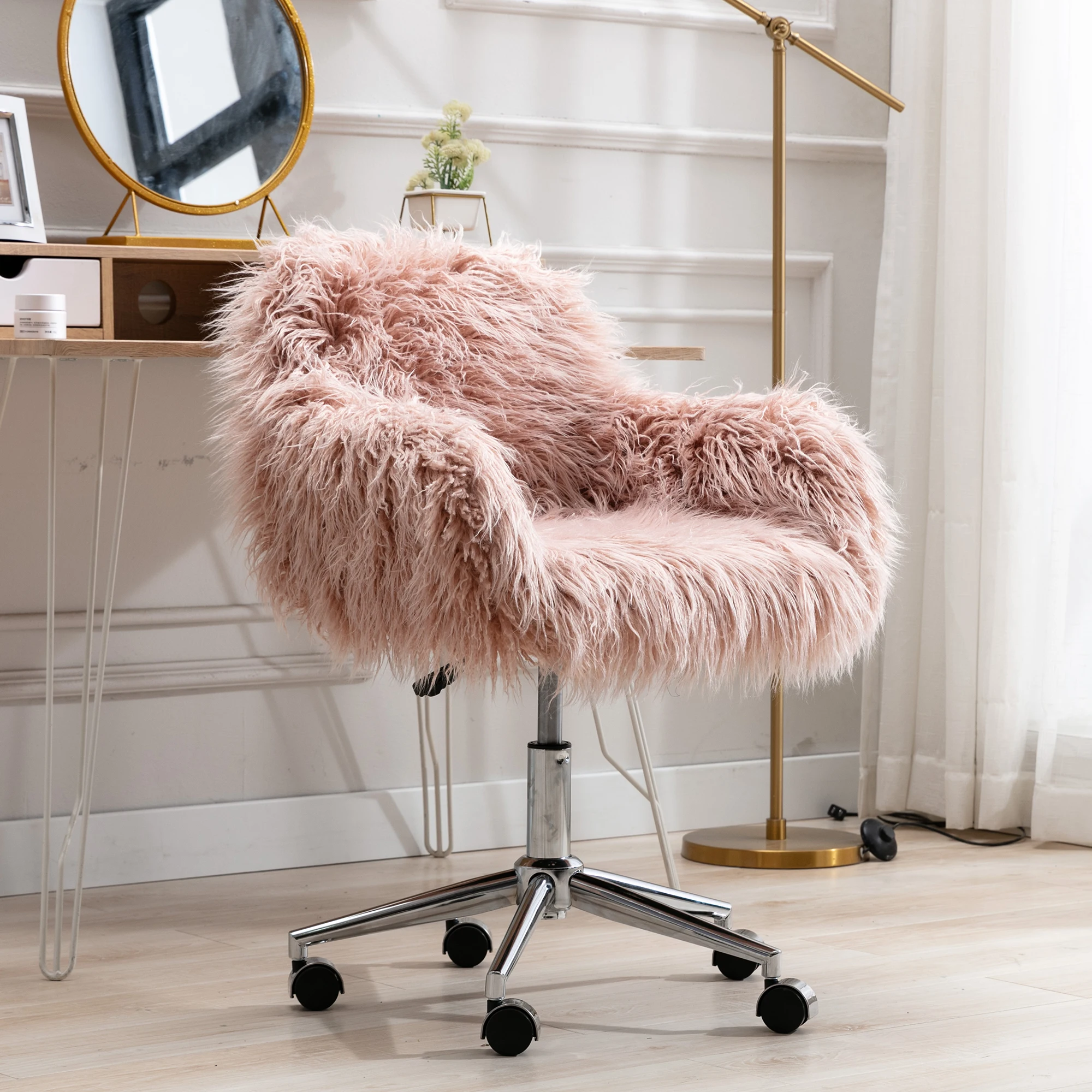 

Home Office Computer Chair Faux-Fur Chrome Base Adjustable Tasks Swivel Executive Chair for Study Work Soft Pink[US-Stock]