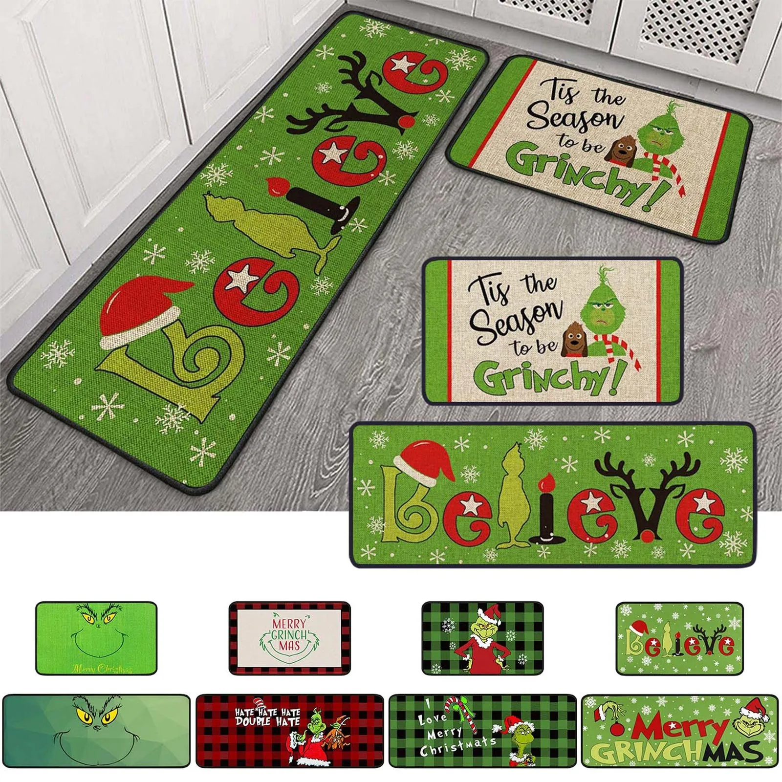 2PCS Genie Grinch Cartoon Door Mat Kitchen Mat Bedroom Living Room Carpet Floor Halloween Christmas Decor halloween floor mat,christmas door mat