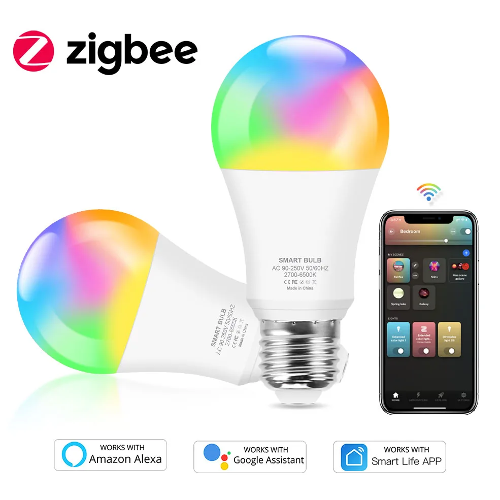 Светодиодная лампа Tuya Zigbee 3 0 E27 E26 светильник RGB CW с регулируемой яркостью работает