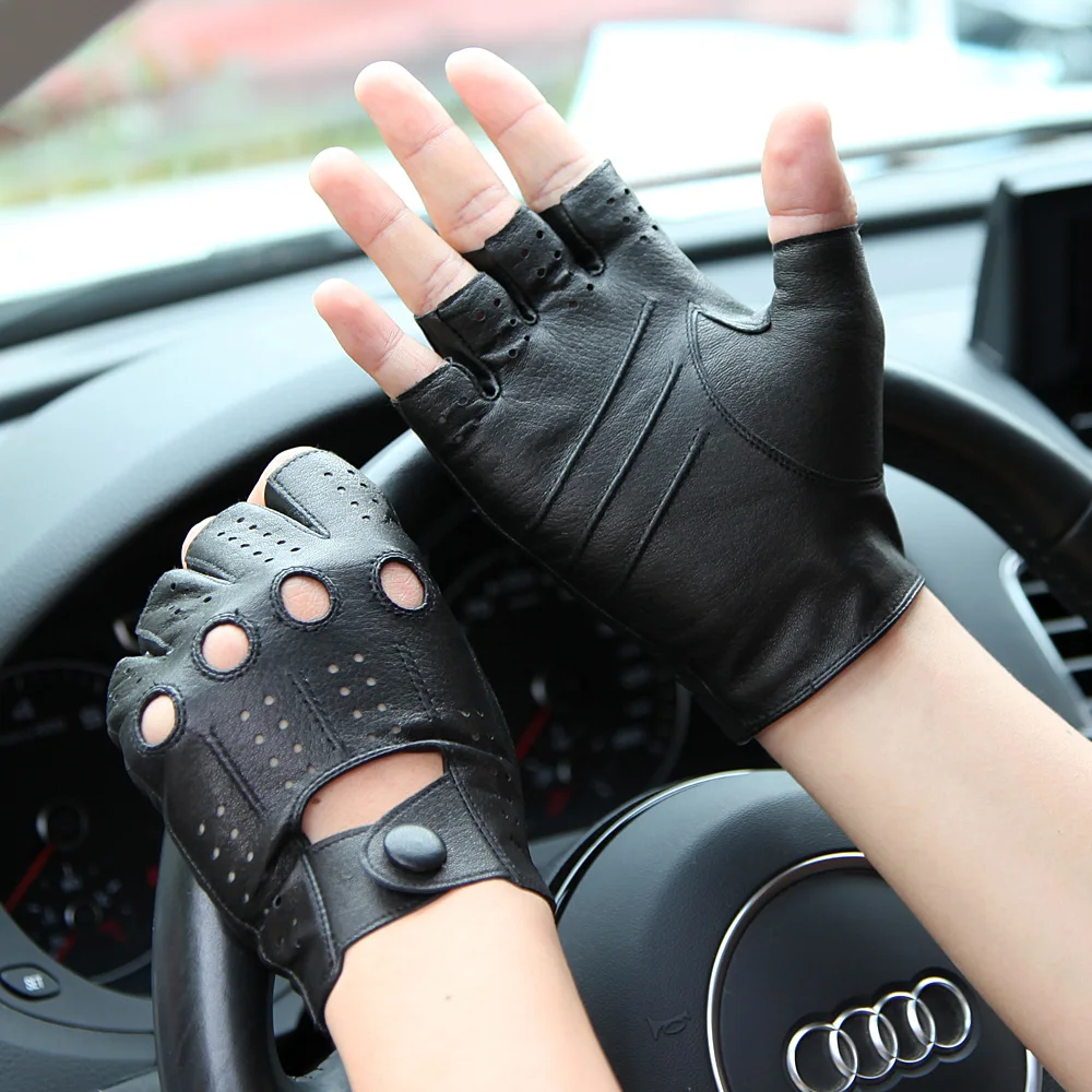 

Semi-Finger Leather Gloves Male Spring Summer Thin Unlined Breathable Anti-Slip Men Driving Gloves Sheepskin Touchscreen M046P