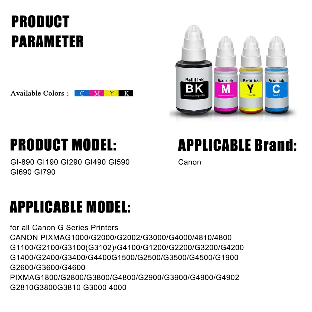 Dye Ink Canon Gi-190 Ink Refill Suit For Canon G1100 G2100 G3100 G4100 G1110 G1111 G2110 G2111 G3110 G3111 G4110 G4111 G Series