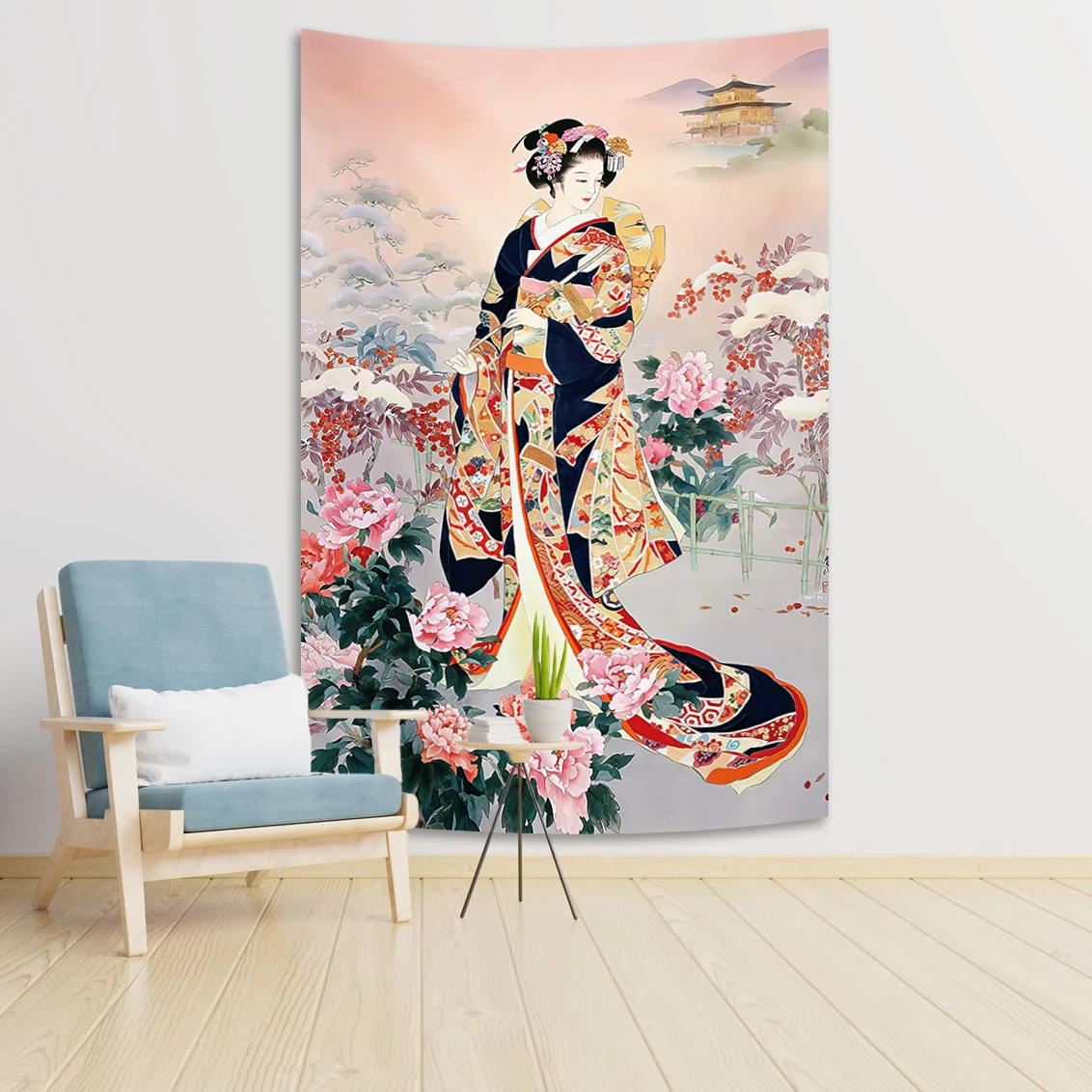 Japan Hanging Tapestries Young Geisha In Kimono With Sakura Traditional Oriental Costume Background Cloth Home Decor