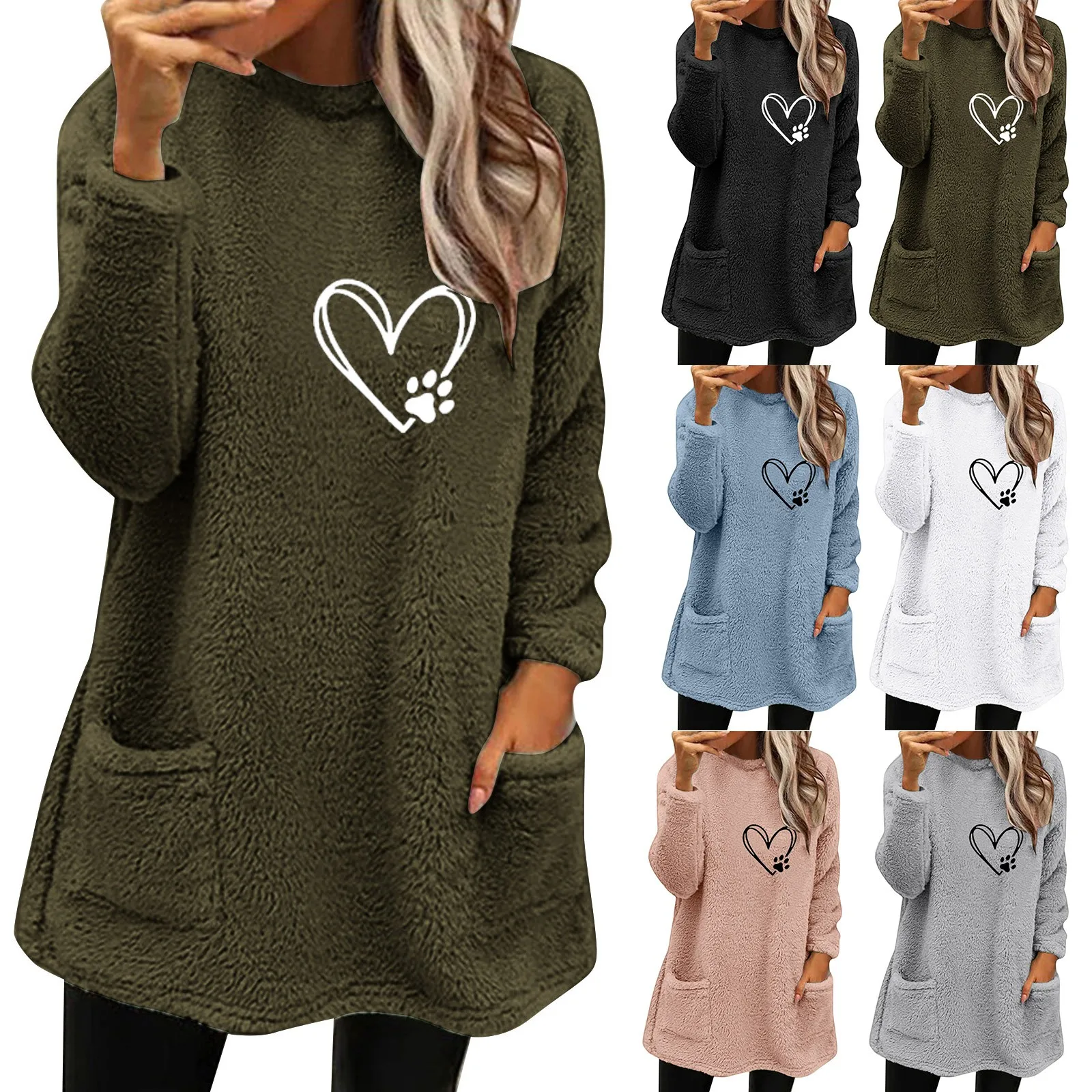 

Womens Winter Coat Loose Wool Jacket Long Sleeved Jumper With Pockets
