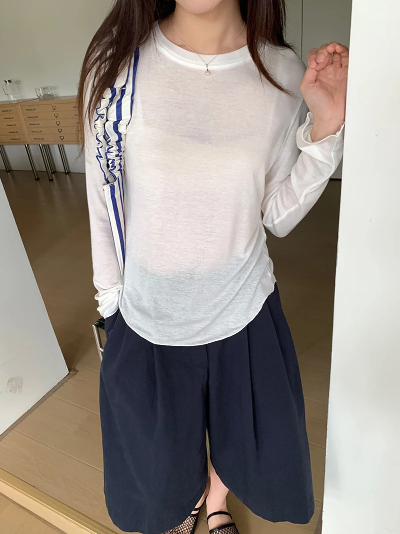 Spring women's casual solid color round neck long sleeved T-shirt 1