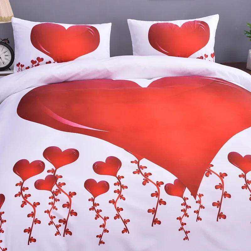 Room Decor Home Bedding Sets 2/3pcs Red Heart Printing Queen Size Pillowcase Duvet Cover Set Polyester Bedclothes