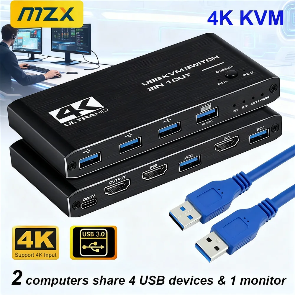 4K 60Hz KVM Switch with USB 3.0 Hub and Docking Station for Keyboard, Mouse, and Printer Sharing