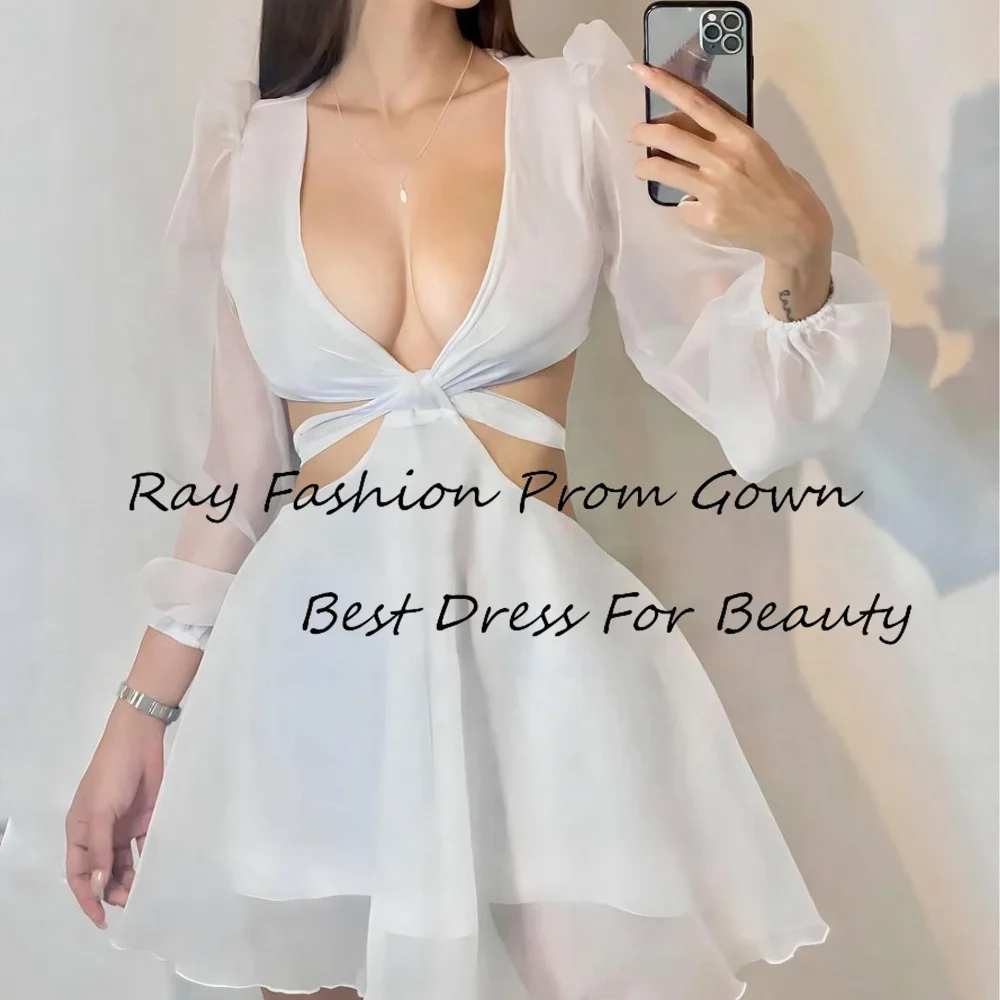 

Ray Fashion A Line Evening Dress Sexy V Neck Organza With Full Sleeves Above Knee Length For Formal Summer Occasion فساتين سهرة