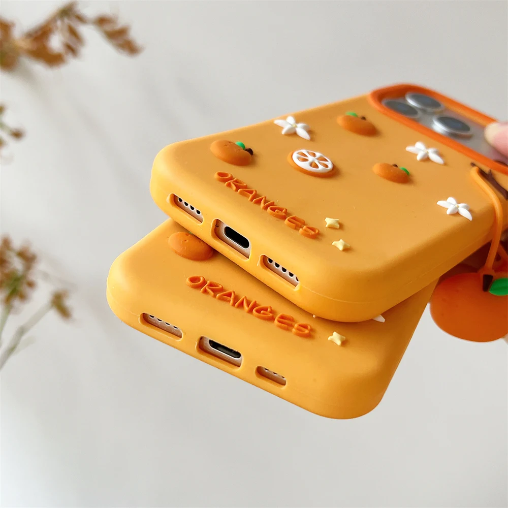 Cute 3D Orange Silicone Case with Pendant - Fun and Shockproof Cover