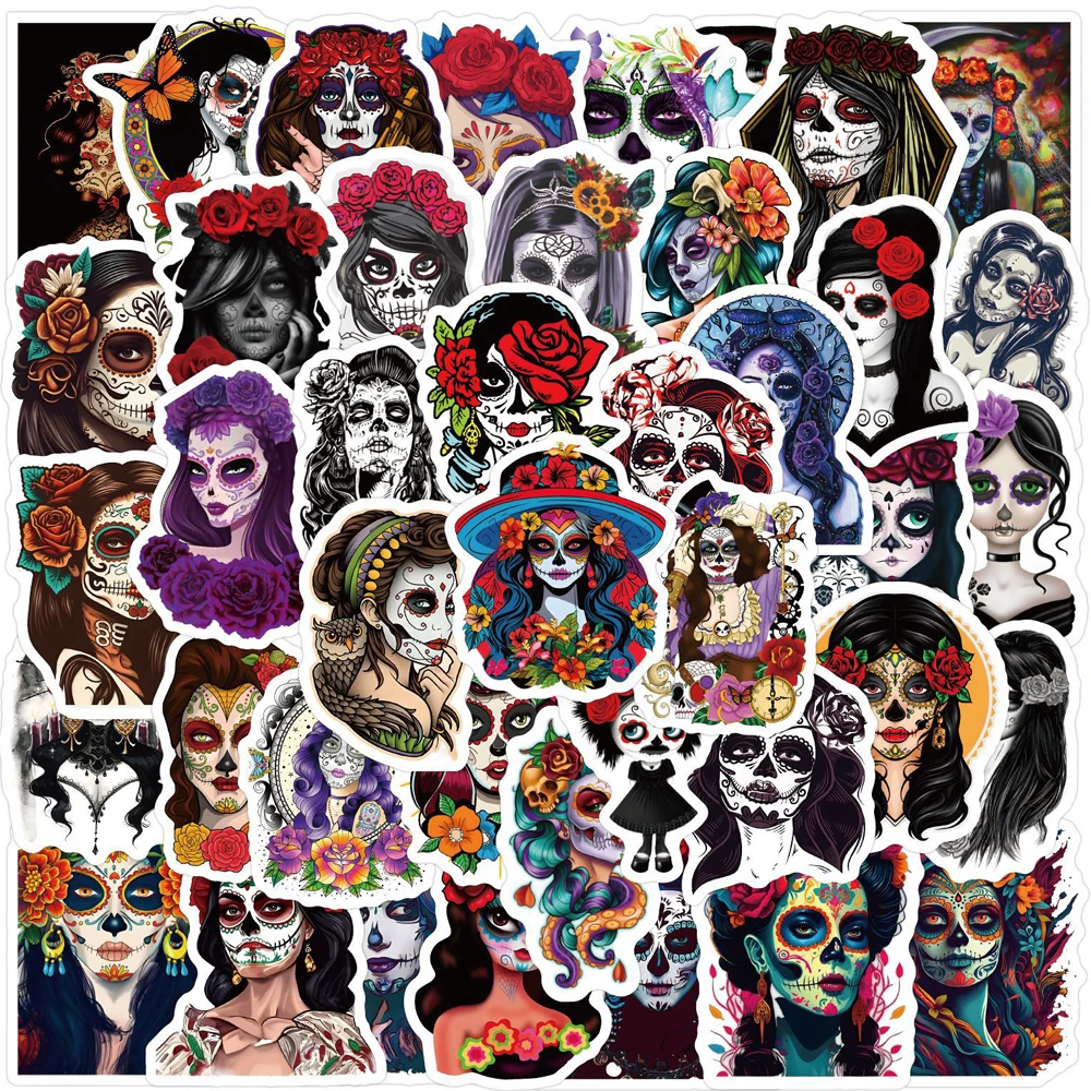 

10/30/60PCS Day Of The Dead DE Los Muertos Graffiti Stickers Children's Cartoon Waterproof Mask Prank Makeup Prop Stickers