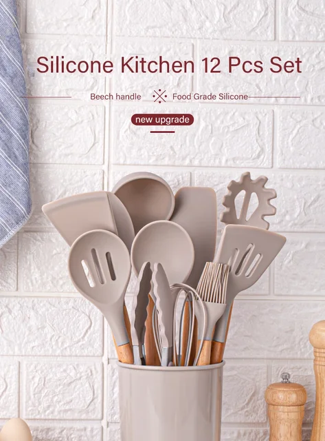 12pcs Set of Multi-color Silicone Wooden Handle Kitchenware Set Non Stick Pot Spatula and Spoon Cooking Utensils Heat resistant 1
