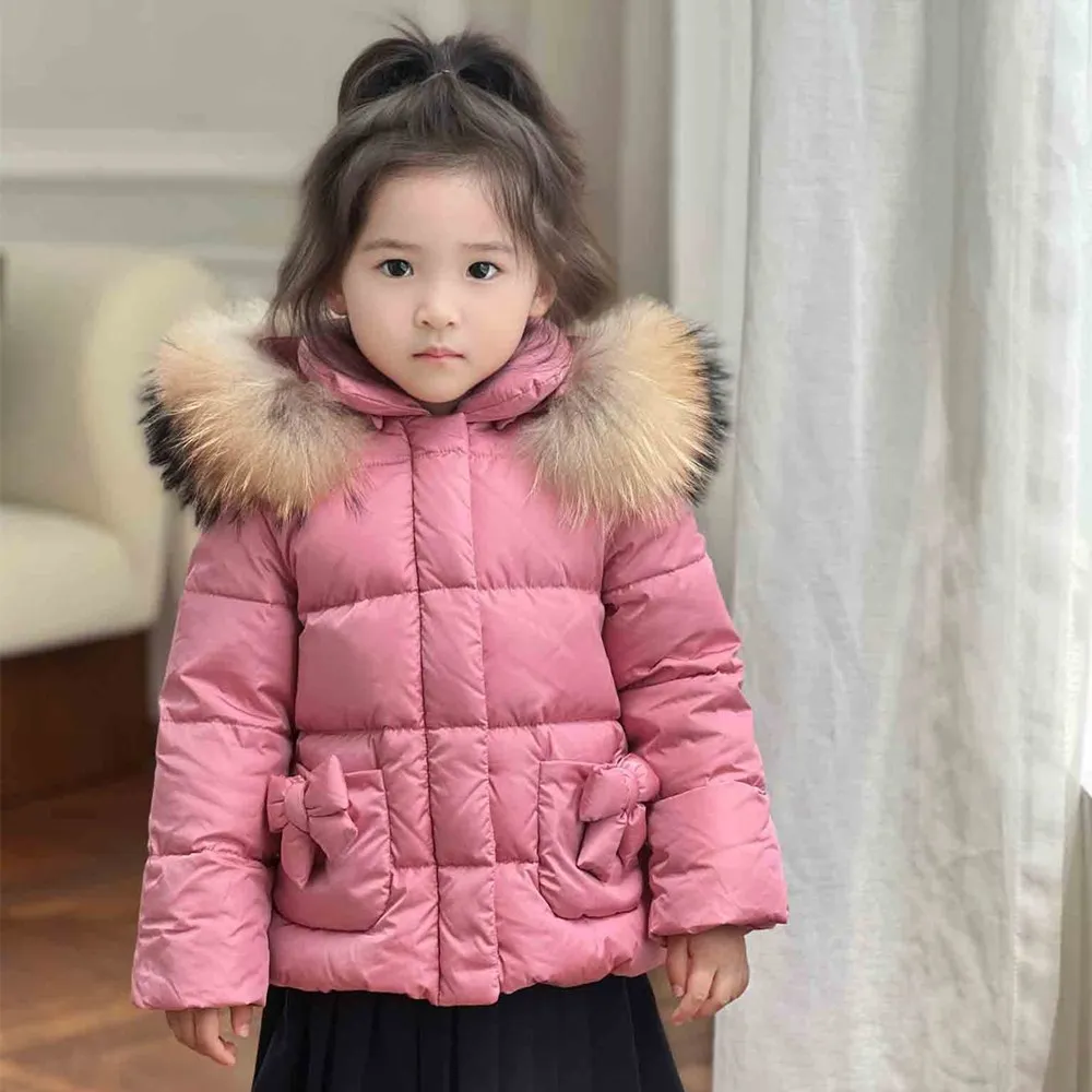 

kids coat baby girls clothes bow pocket pink and sweet down jacket High quality white duck down jacket
