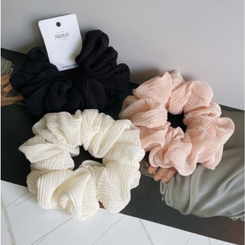 Solid Color Pleated Fabric Hair Ring Women Simple Cream Style High Elastic Scrunchie High-end Hair Accessories