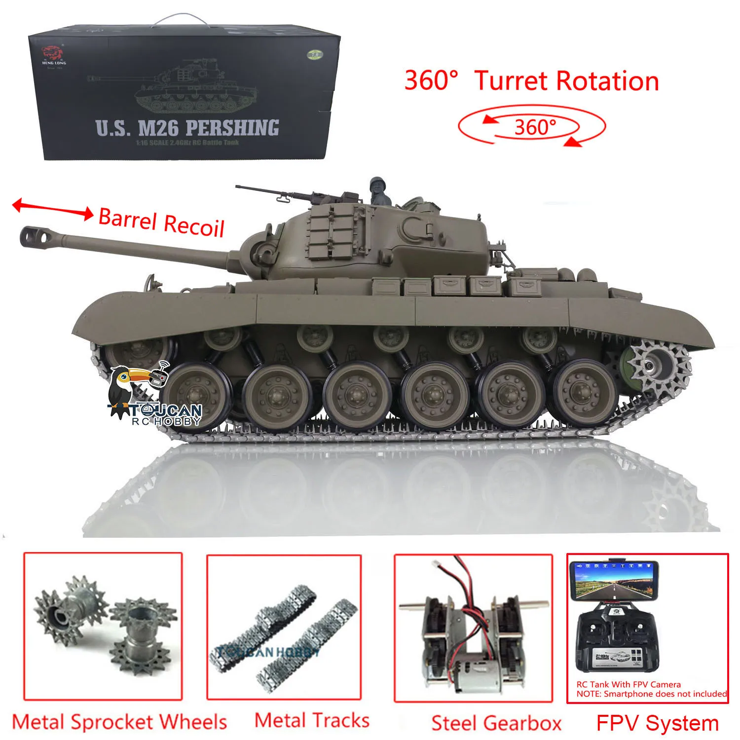 Henglong 1/16 FPV Camera System M26 Pershing RTR RC Tank 3838 With Barrel Retractable 7.0 Upgraded Ver As Boys Christmas Present 6