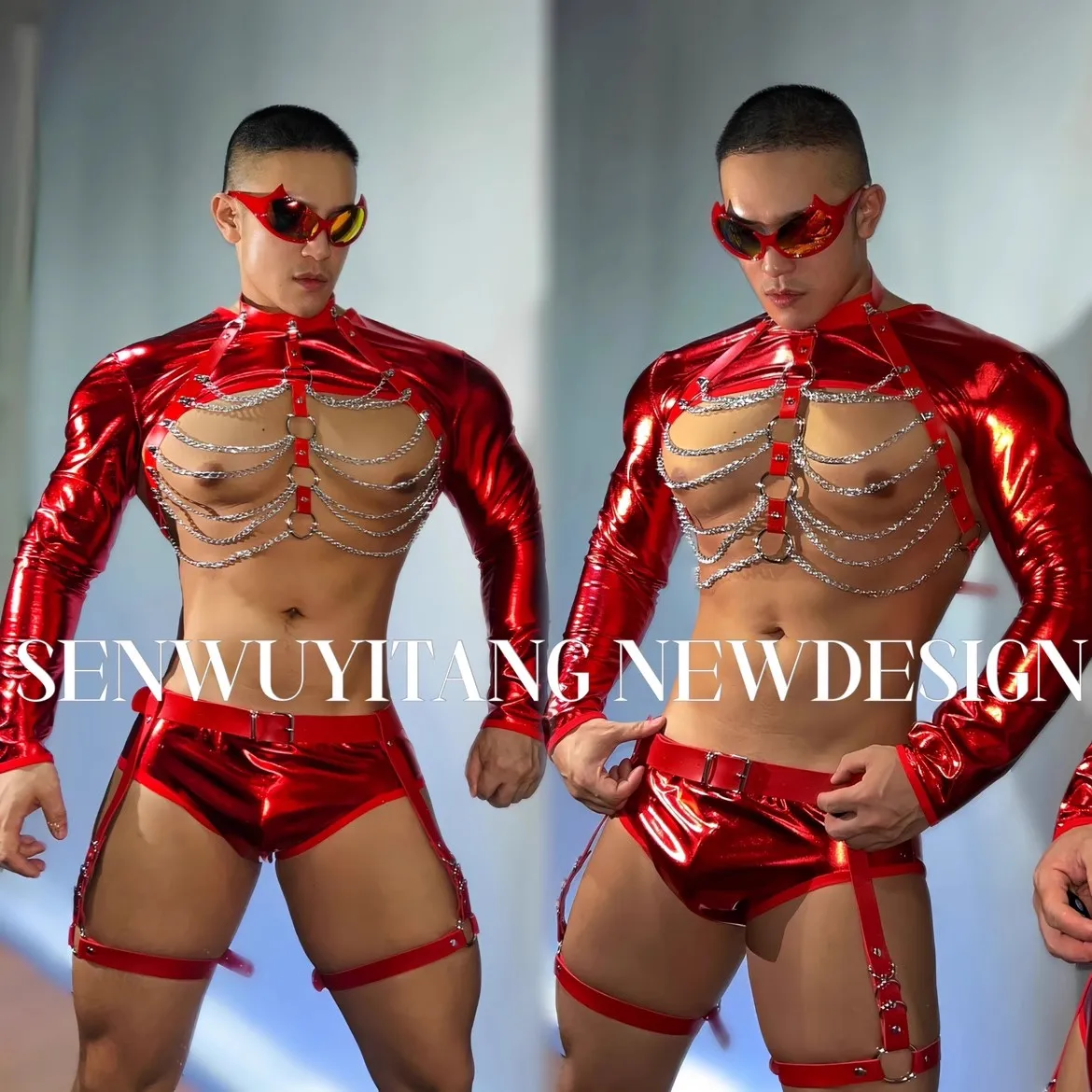 

Star Singer Red Shiny Top Shorts Chain Set Bar Nightclub DS Performance Suit Gogo Lead Dance Stage Wear Tour Rave Party Outfit