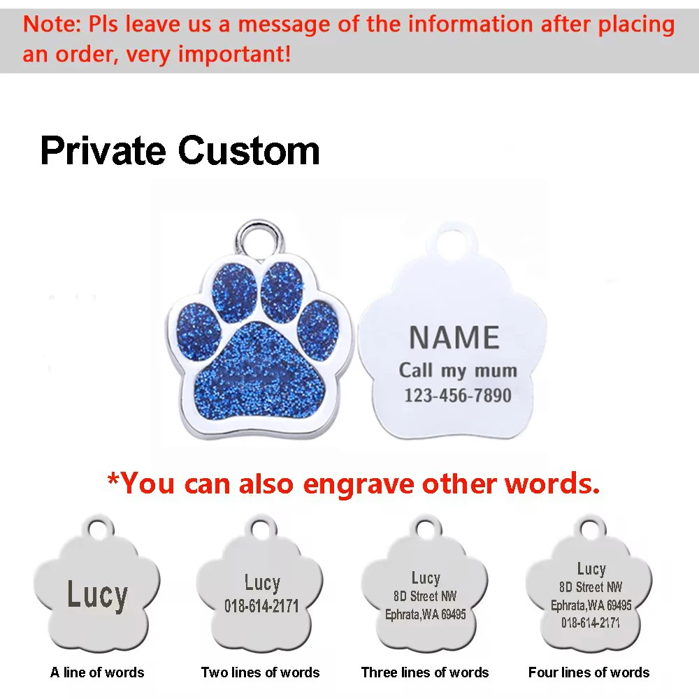 Pet ID Tags Personalized Dog Cat Tags Free Engraved Anti-lost Name Paw Glitter Pendant Nameplate Glitter Keyring Accessories