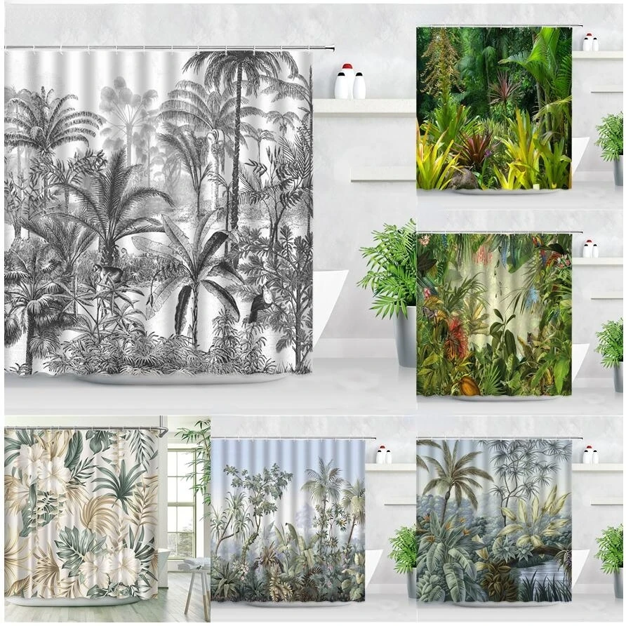 Jungle Plants Shower Curtain Monkey Palm Trees Leopard Flamingo Parrot  Green Leaves Scenery Bathroom Home Decor Curtains Baño - Shower Curtains -  AliExpress