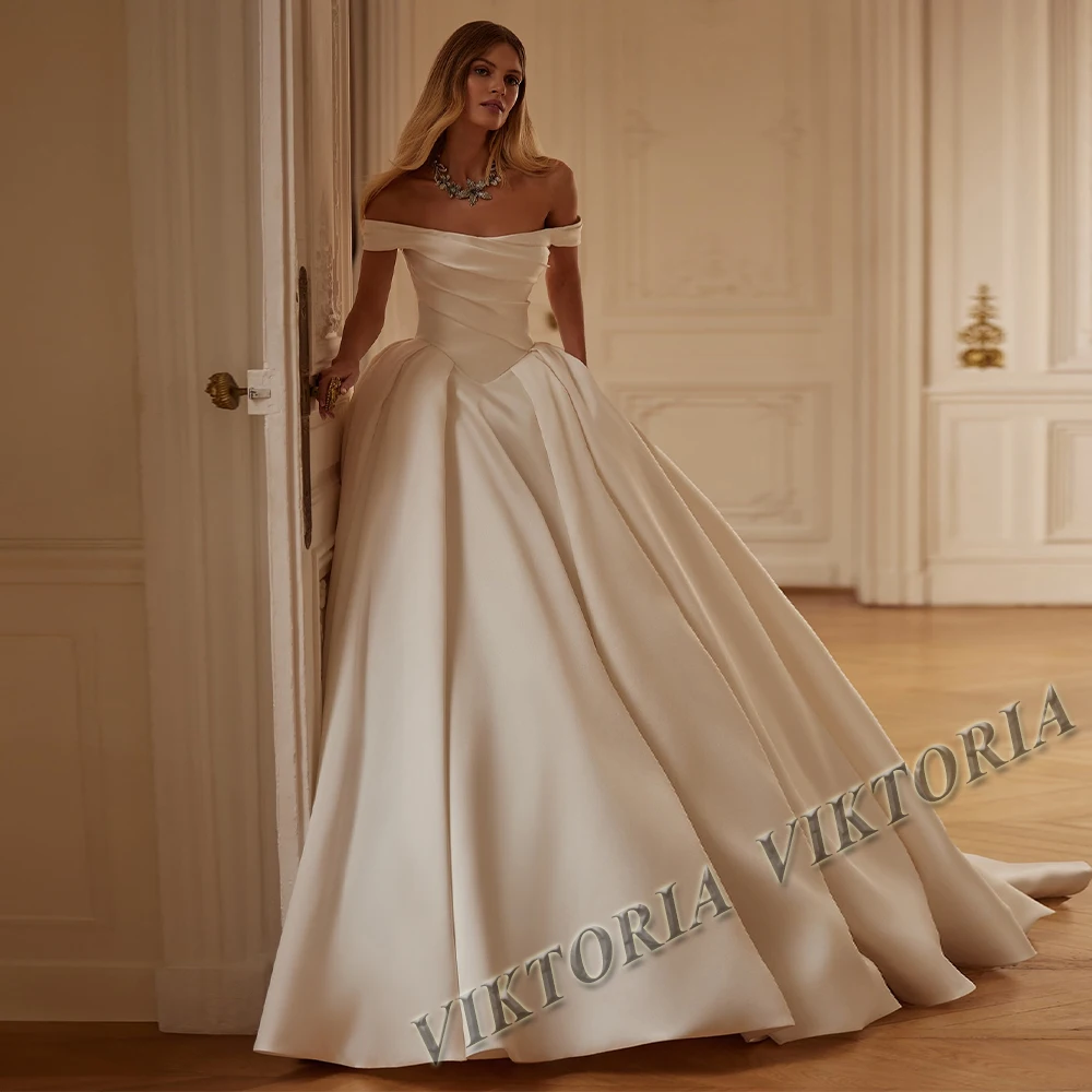 VIKTORIA Fashionable Off Shoulder Wedding Dresses for Women Bride Satin Lacing Up Pleat Robe De Mariée Personalized Customized