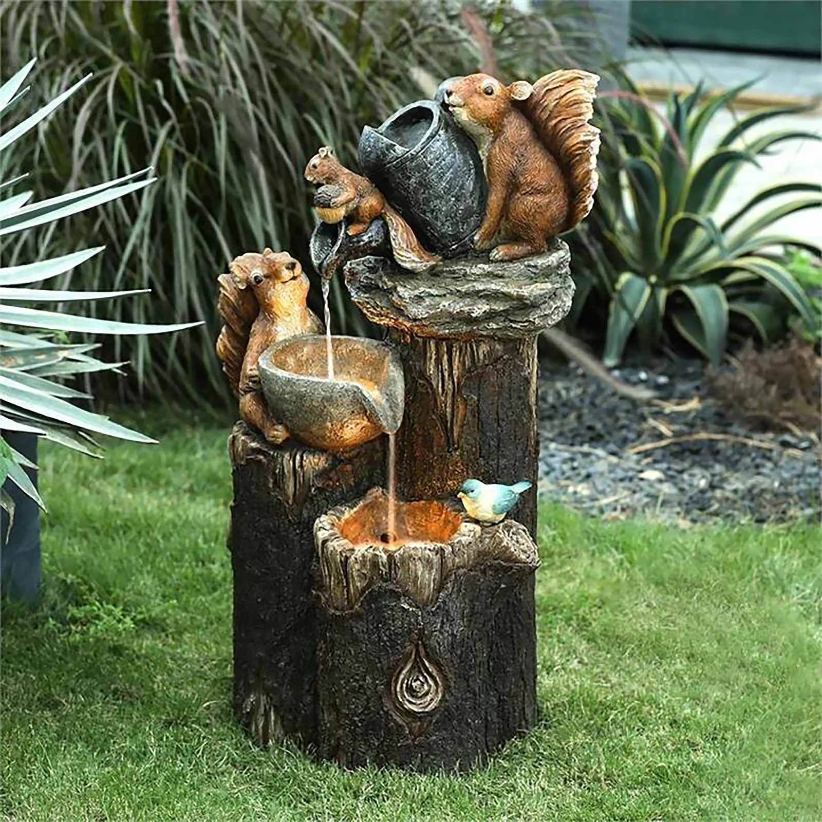 Duck /Squirrel Fountain Ornament Water Fountain Duck Statue Landscaping Decor with Light Water Fountain Squirrel Statue for Lawn