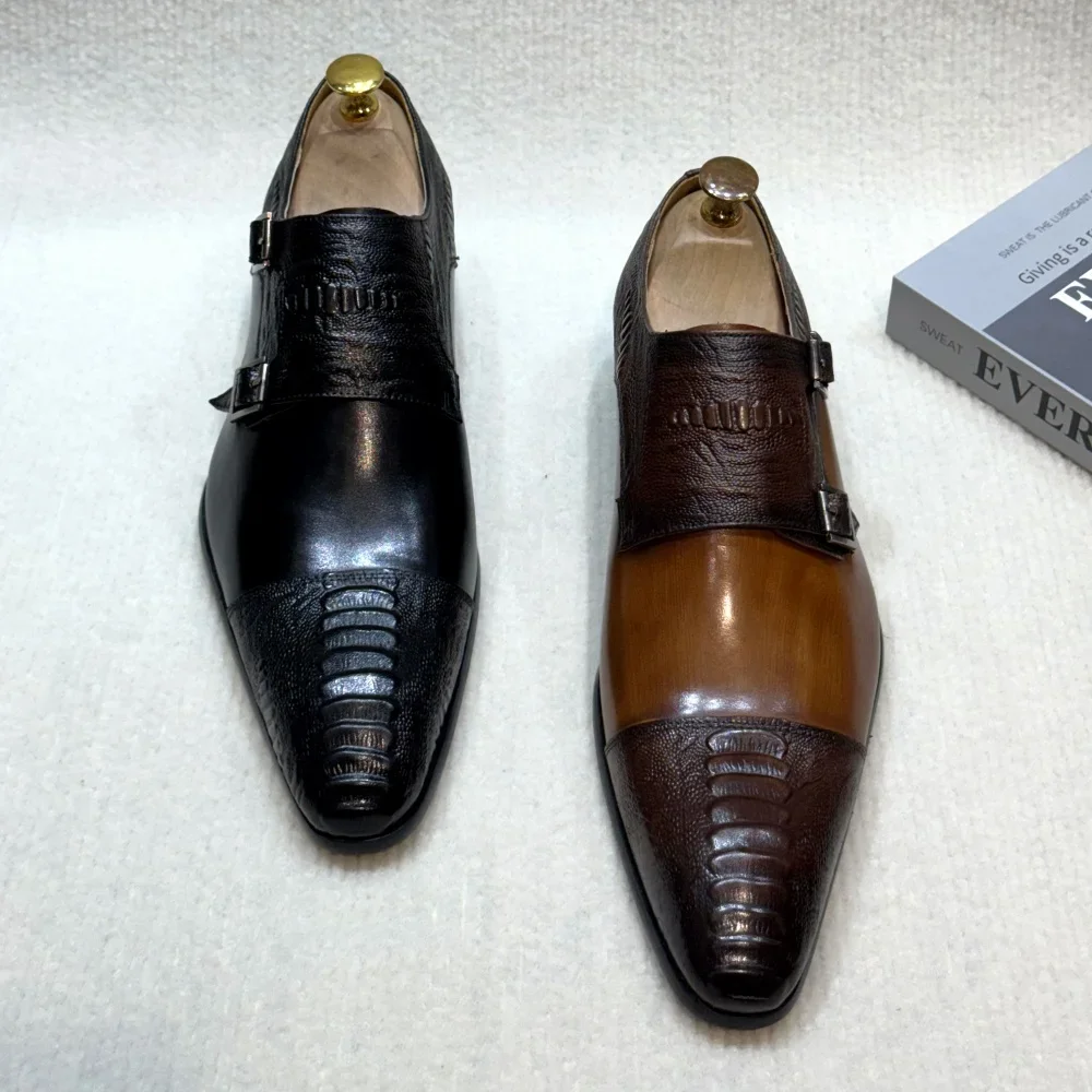 Men's Handmade Monk Shoes Double Buckle Genuine Cow Leather Wedding Business Formal Footwear