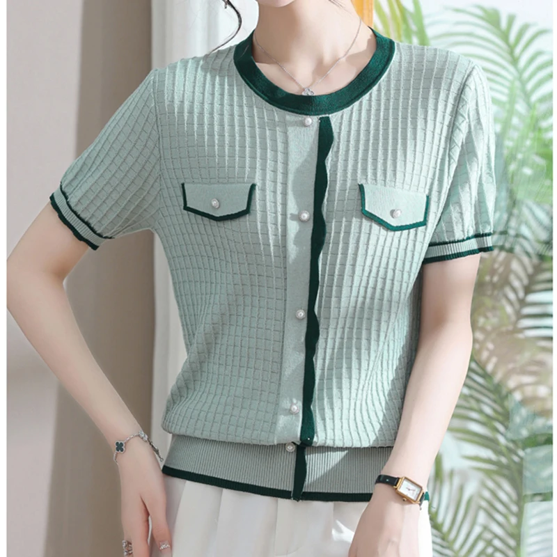 

Women T Shirt Knitted Top Fashion Beading Short Sleeve Tshirt 2023 Summer Womens Clothing Tee Shirt Femme Loose Casual T-shirts