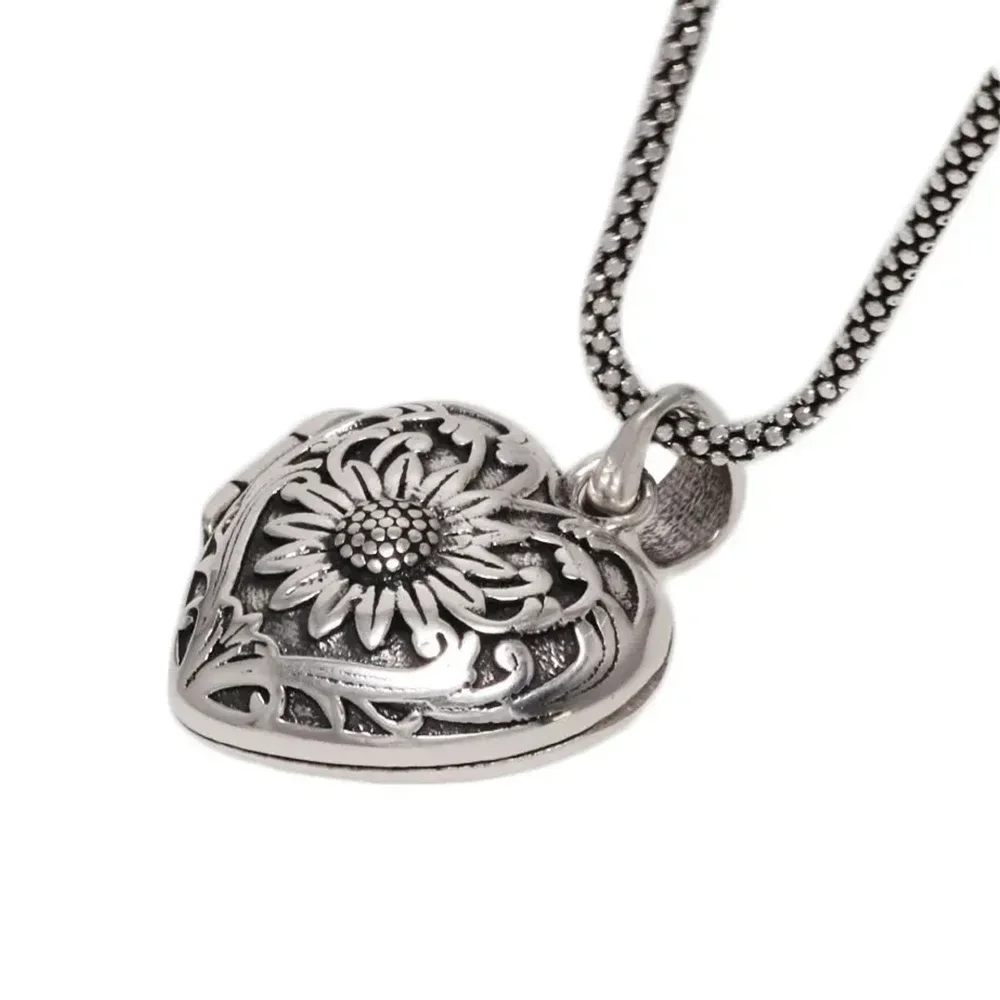Sunflower Heart Shaped Locket Necklace That Holds Pictures Photo Keep Someone Near to You 925 Sterling Silver Jewelry