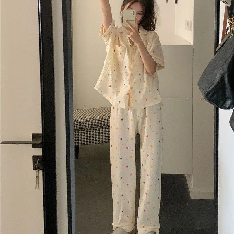 

Polka Dot Women Pajamas Korean Style Sleepwear Summer Pijama Pants Set 2 Pieces Nightwear Button Home Suit Pocket Pijama 2024
