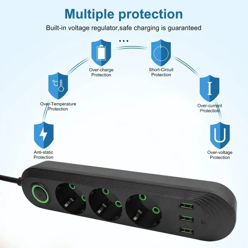 EU Plug AC Outlet 2500W Multiports Power Strip AC Outlet with 3USB Port 2m Extension Cable Round Pin Electrical Charger Adapter 3