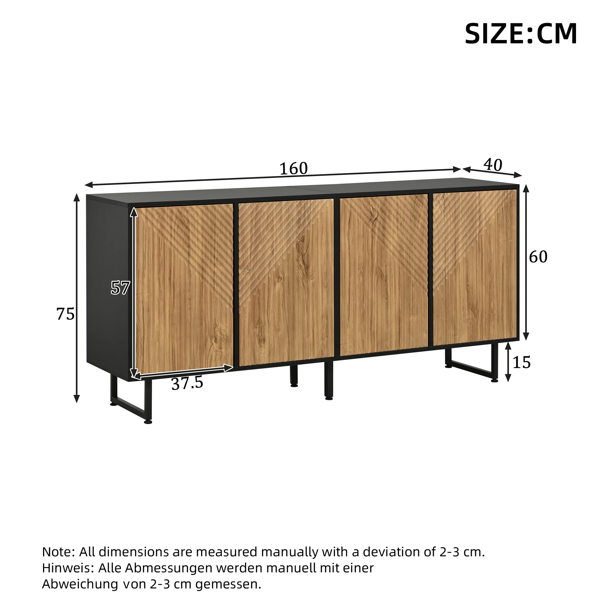 Wohnzimmer Sideboard + TV-Schrank Set 160x40x75cm & 180x40x50cm, Naturholz Schwarz, 4 Türen, für 80 Zoll TV, Stauraum – Detail 2