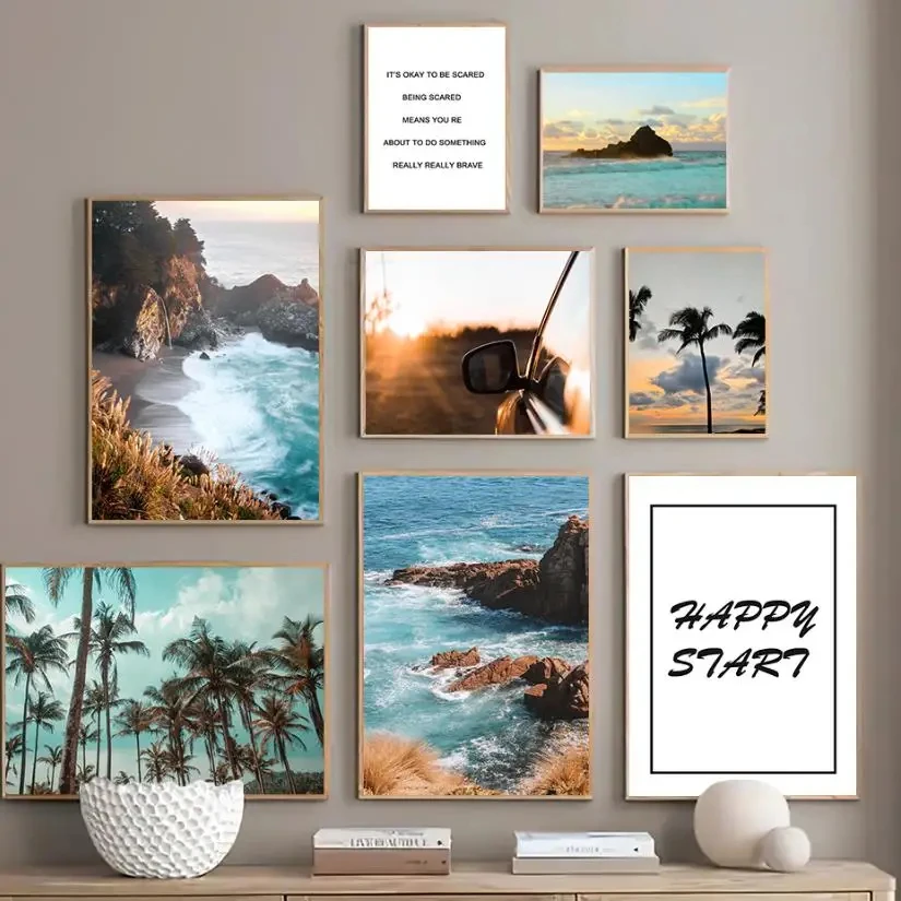 

Coastline Sunrise Ocean Beach Canvas Poster Sea Cliff Palm Tree Sky Prints Painting Landscape Picture Living Room Wall Art Decor
