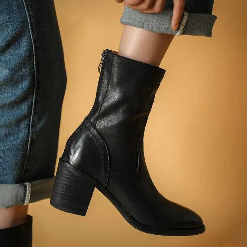 

Modern Shoes For Autumn Spring Soft Cowhide Ladies Warm Shoes Woman Ankle Boots Round Toe Elegant Winter Boots Back Zipper