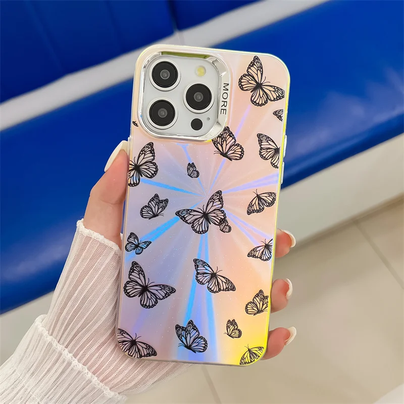Coque de téléphone de luxe électroplaquée au laser papillon pour iPhone 16 15 14 13 Pro Max, coque arrière rigide antichoc en PC mat_voghion.com