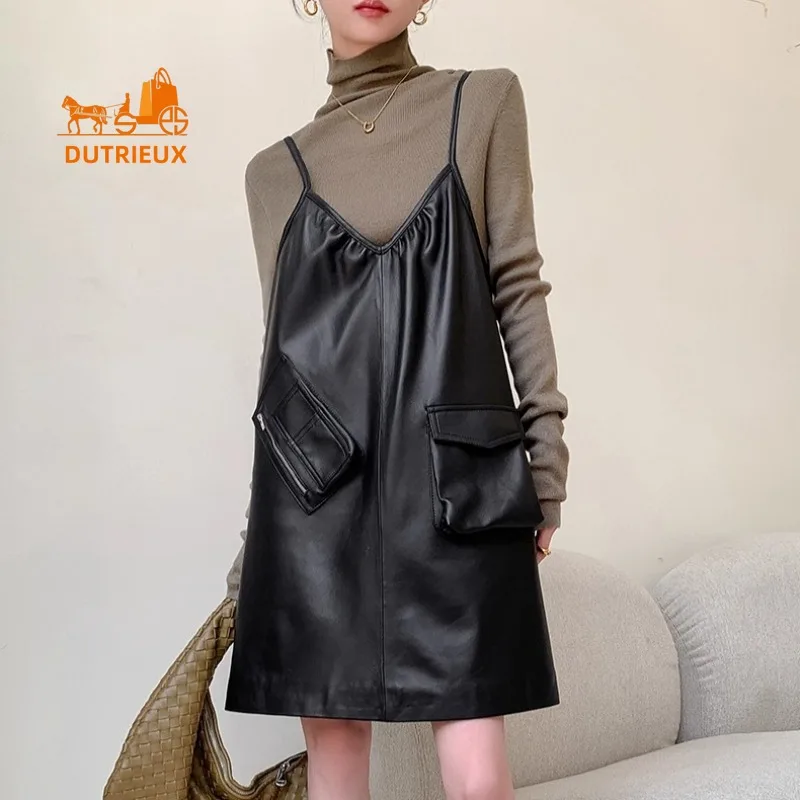 Autumn Women's Leather Suspender Skirt, 100% Genuine Leather Sheepskin, Fashionable and Elegant Dress for Women