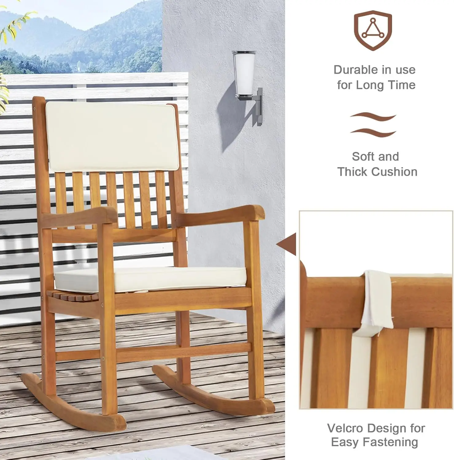Outdoor Rocking Chair with Cushions, Wooden Rocker Support 550 LBS for Indoors & Outdoors, 1 Pack