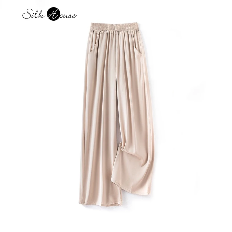 2024 Women's Fashion Spring/Summer New Commuter 96%Natural Mulberry Silk Elastic Double Qiao Beige Wide Leg Casual Pants консилер luxvisage тон 03 natural beige к6